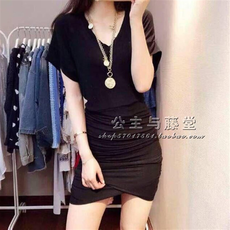 藤堂家大码女装,V领低胸露肩包臀抽褶蝙蝠袖性感修身显瘦连衣裙