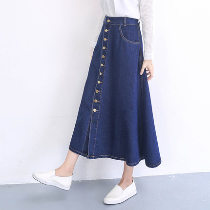 单排扣高腰牛仔裙半身裙中长款女秋冬季2017