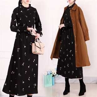 连衣裙女秋冬加绒碎花法式打底裙子微胖独特富家千金感长裙高个子