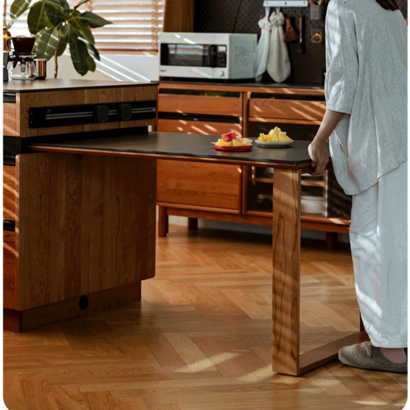 北欧实木岛台餐桌一体可伸缩家用中古风饭桌长方形原木桌子