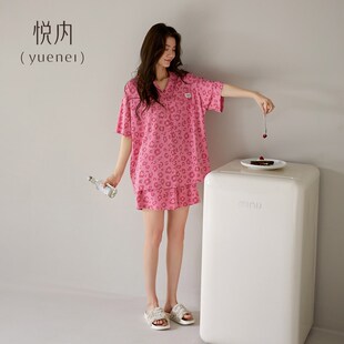 短裤 夏天纯棉短袖 家居服夏款 玫红色豹纹开衫 悦内睡衣女款 套装 夏季