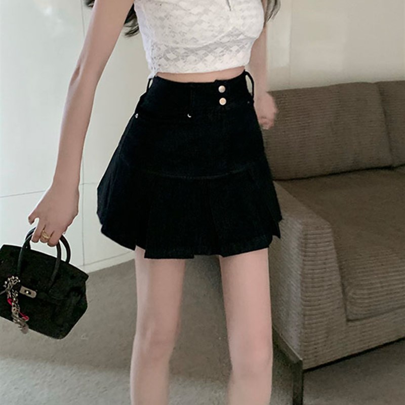 梨形身材高腰百褶裙牛仔半身裙女夏大码遮肚显瘦a字包臀短裙子潮