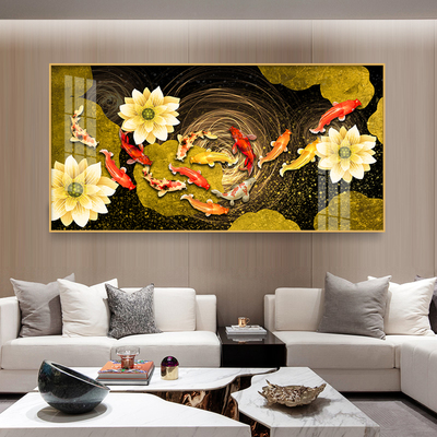 晶瓷镶钻九尾鱼新中式客厅装饰画沙发背景图挂画大气单幅壁画单个