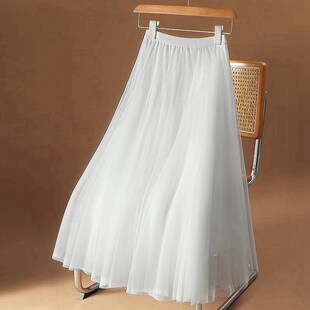 高端垂感黑色A字大摆纱裙女松紧腰2024新款秋冬网纱半身裙中长款