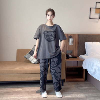 卡通加肥加大码情侣睡衣女220斤春夏宽松短袖长裤男士家居服套装