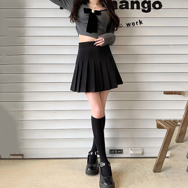 百褶裙女夏季高腰a字裙显瘦半身裙学生卡其西装面料学院风短裙裤