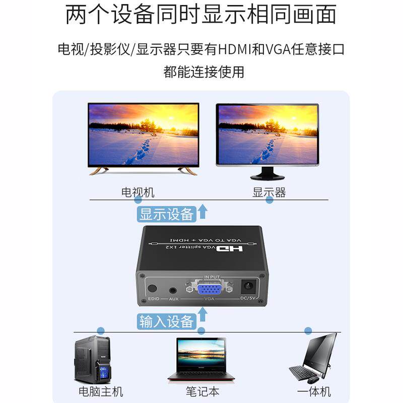VGA转HDMI+VGA转换头线带音频一分二电脑接显示器投影机输出同时