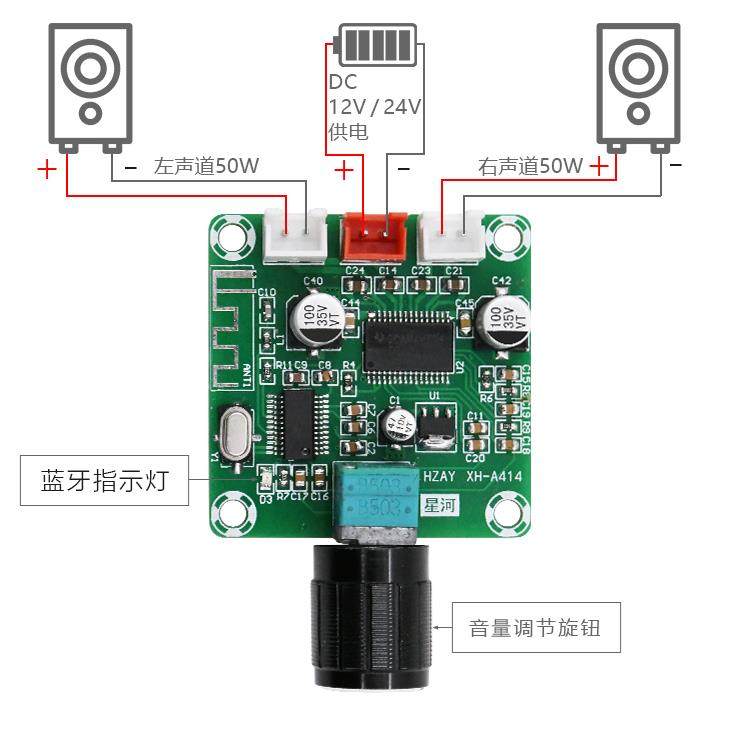 XH-A414 星河HAZY蓝牙数字功放板TPA3118D2供电DC12-24V输出50W