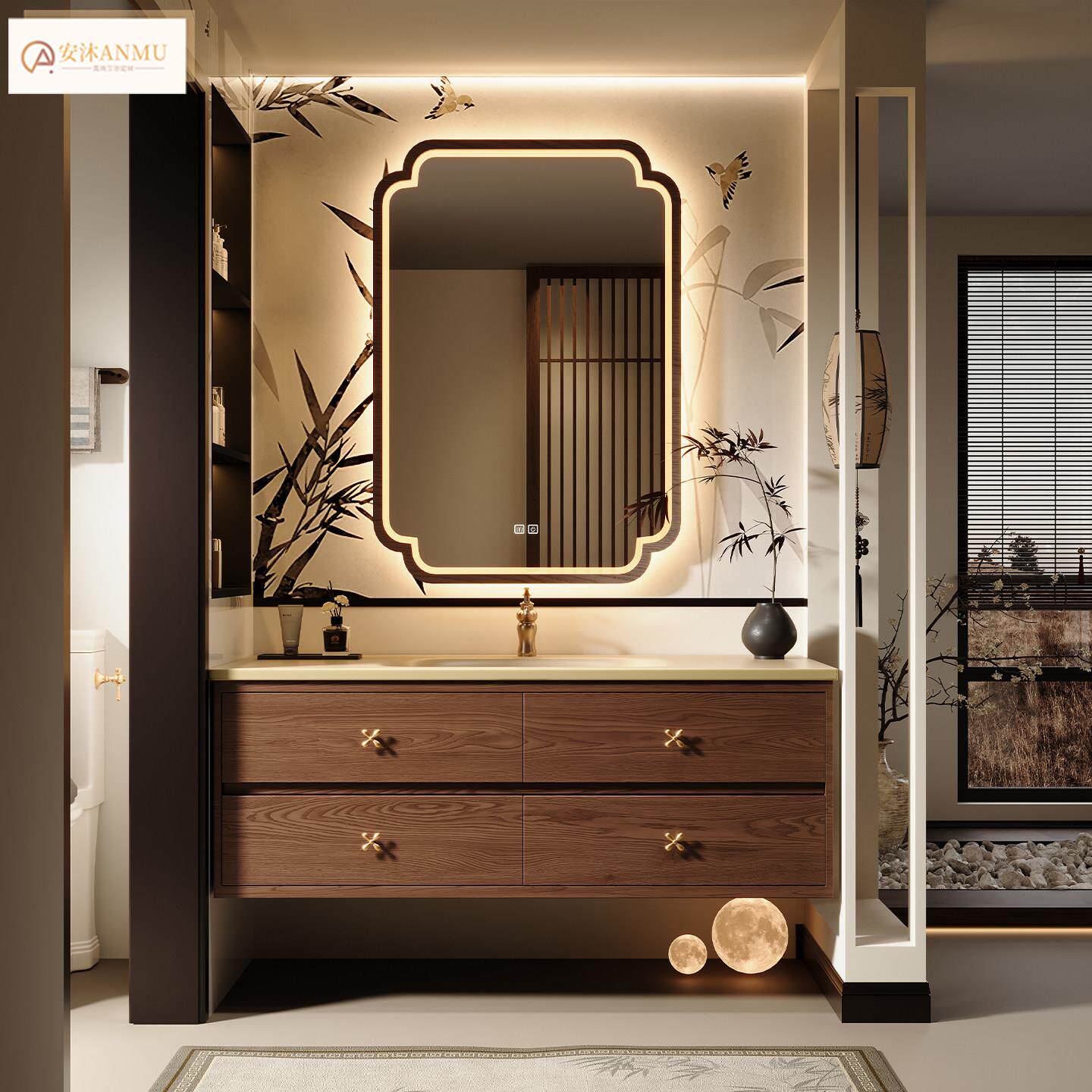 中古风宋氏美学岩板热弯一体盆海棠镜子浴室柜组合洗漱台卫浴定制