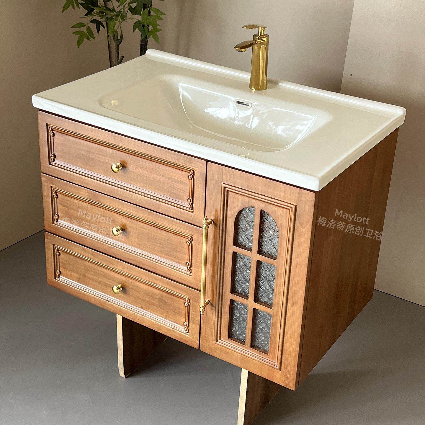 中古风陶瓷一体盆浴室柜组合可丽耐洗漱台法式洗手池洗脸盆柜定制