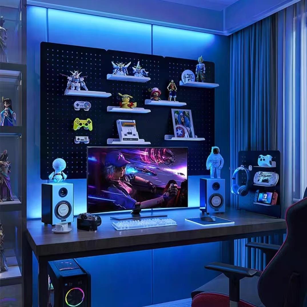 黑色洞洞板配件墙上置物架卧室书桌免打孔隔板手办收纳架展示架