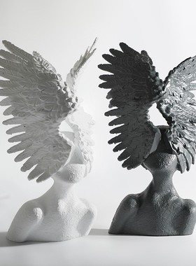 北欧轻奢样板房售楼处天使翅膀白色人像雕塑客厅玄关摆件家居饰品