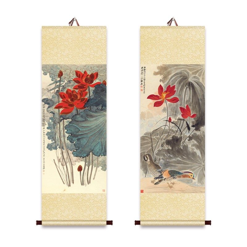 张大千国画泼墨荷图卷轴挂画红荷图挂轴画饰画书房玄书画