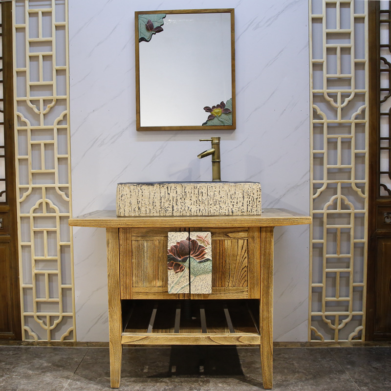 中式仿古洗脸盘台上盆艺术阳台卫生间镜子实木洗手台浴室柜