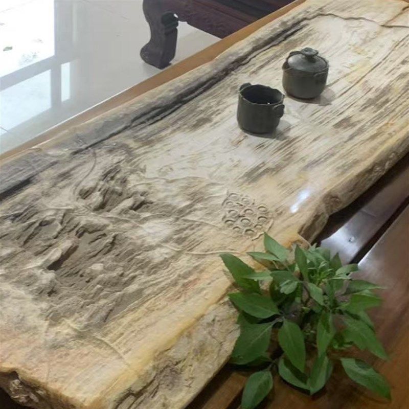 草堂木化石茶盘原色雕刻茶具茶办公实木干湿两用茶台
