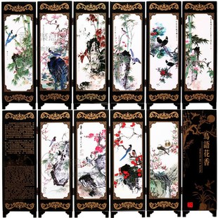 饰摆件节日新年礼品 6扇木质漆器小屏风客厅卧室书房装 鸟语花香