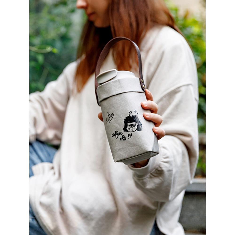 休闲锁玻璃杯盖挎包水洗牛皮纸小玻璃咖啡杯防摔保护盖