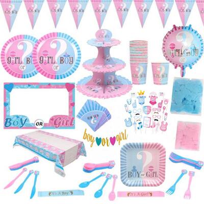 gender reveal迎婴派对宝宝性别揭示餐具baby shower布置气球拉旗