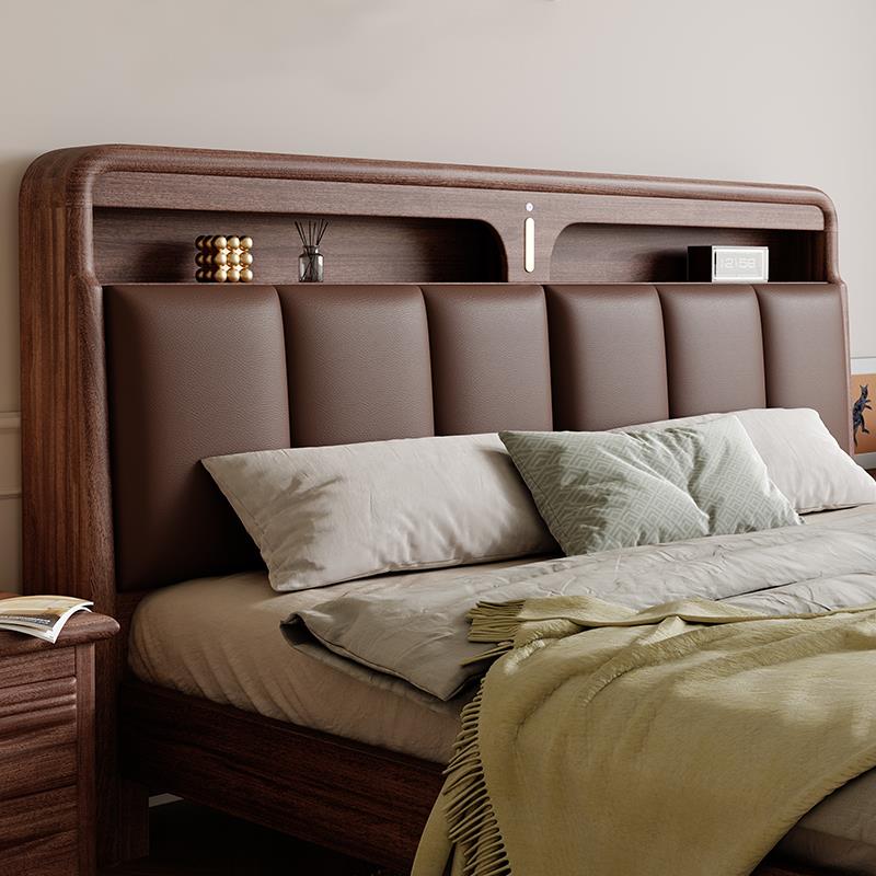 实木床胡桃木床1米8双人床主卧2米x2米2大床新中式现代简约软包床