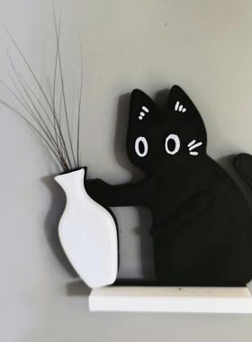 小黑猫推花瓶摆件桌面办公室可爱治愈系装饰亚克力磁吸冰箱贴立牌