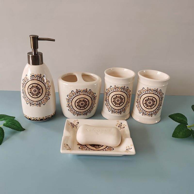 欧式创意陶瓷卫浴五件套家用洗手台牙刷架漱口杯洗漱套装装饰摆件