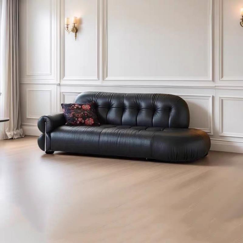 法式复古黑糖云朵中古贵妃榻猫爪皮沙发直排单扶手躺椅设计师沙发