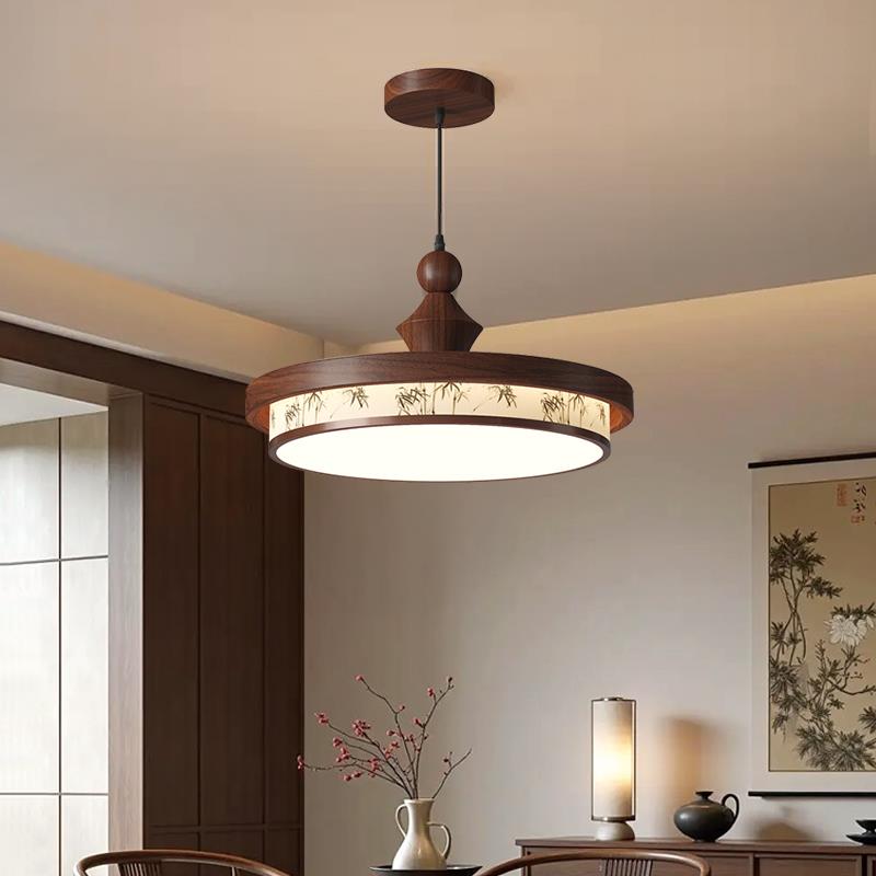 宋代美学新中式餐厅吊灯中古风复古胡桃木纹色创意吧台餐桌卧室灯