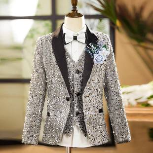 男童西装亮片晚会主持人礼服儿童模特走秀潮服银色中大童演出服装