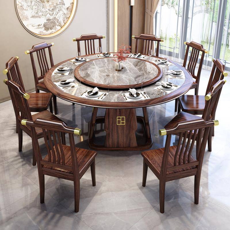 新中式乌金木实木岩板圆餐桌整装椅家用12人带转盘高端全实木圆桌