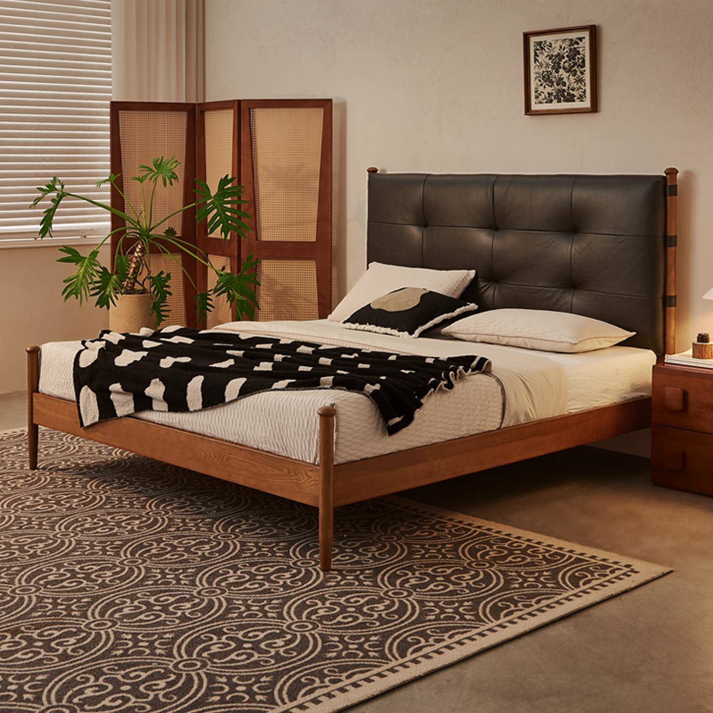 木陌权杖床梧桐法式复古中古风真皮小户型实木床双人主卧大床1米8