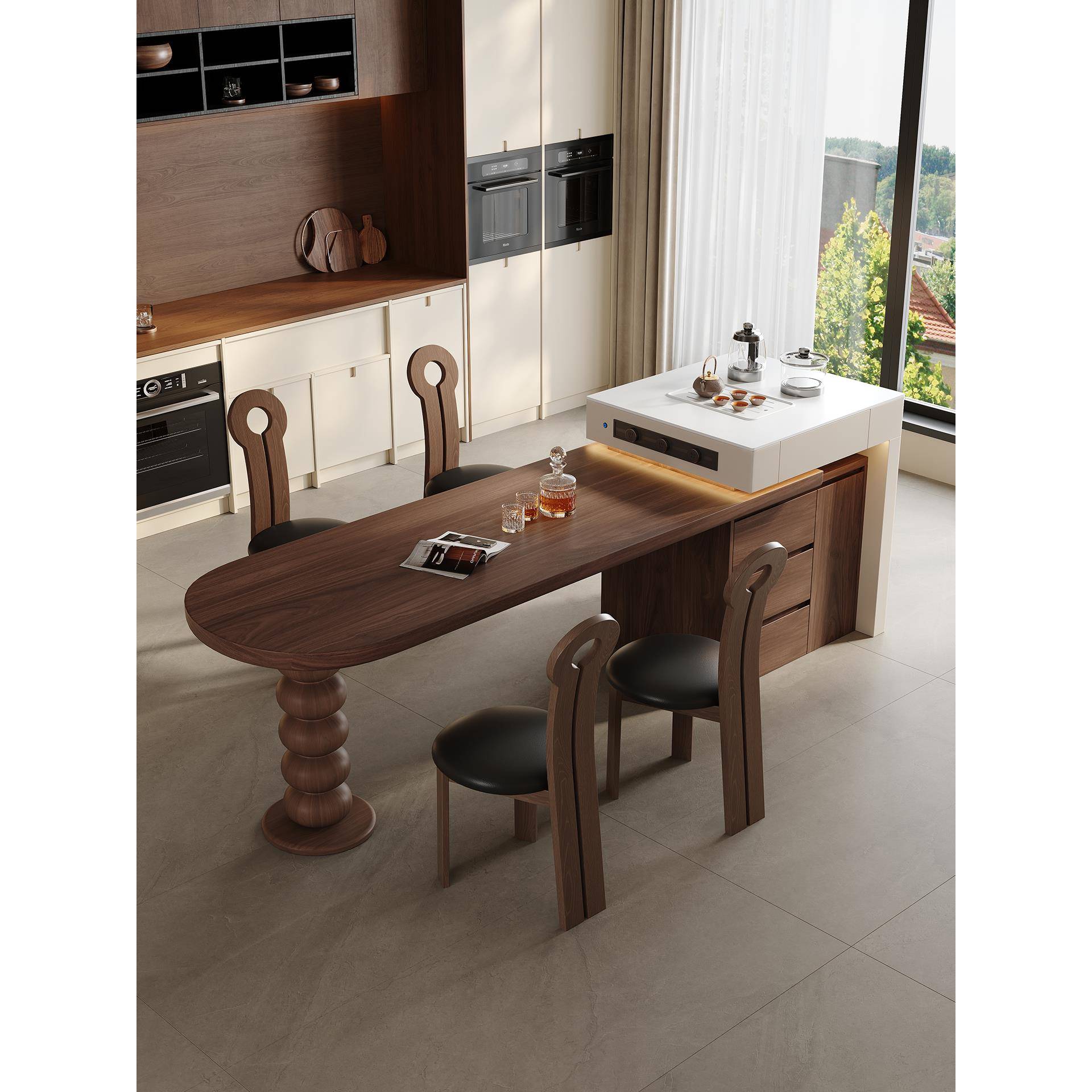 法式覆古风岛台餐桌一体可伸缩家用小户型实木岩板茶台餐桌椅组合