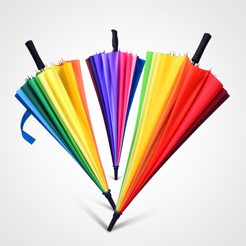 24骨直杆伞彩虹伞长柄大伞双人三人自动16碰击布晴雨彩色雨伞广告