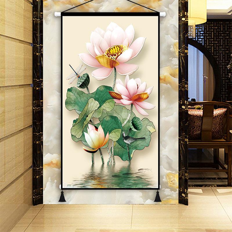 现代大幅荷花布艺挂画玄关客厅装饰布画新中式走廊墙壁壁画挂毯图片