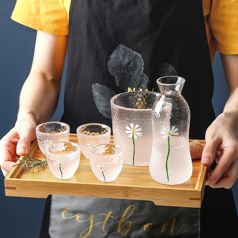 手绘小雏菊玻璃酒具套装日式清酒壶温酒器分酒器家用一两白酒杯子