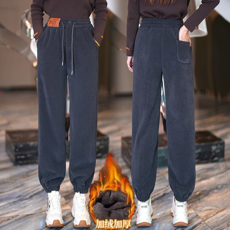 加绒加厚哈伦卫裤女士秋冬季棉裤子大码保暖束脚显瘦高腰休闲长裤