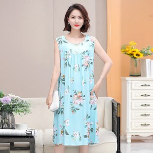 中老年妈妈夏装粘稠成人棉绸睡衣女棉球无袖睡裙中年的棉稠连衣裙
