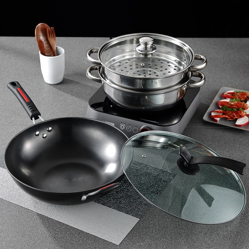 圣比德不锈钢蒸锅炒锅两件套 铸铁不沾锅炒锅组合汤蒸锅 礼品锅具