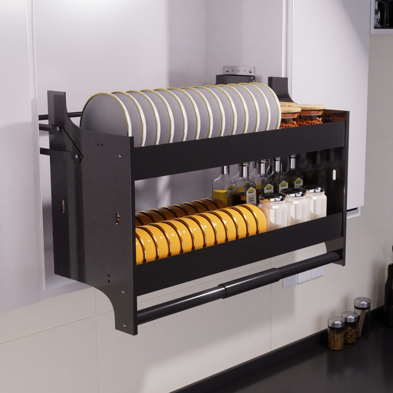 厨房吊柜升降机收纳得整体橱柜不锈钢下拉式铝合金调味拉篮置物碗