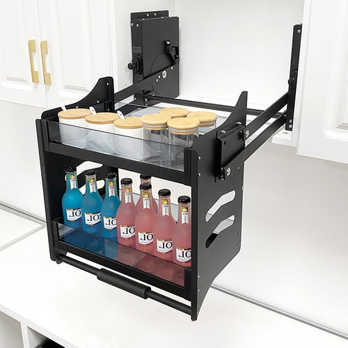 厨房橱柜吊柜升降拉篮黑多功能壁柜顶柜下拉式调味拉篮玻璃升降机