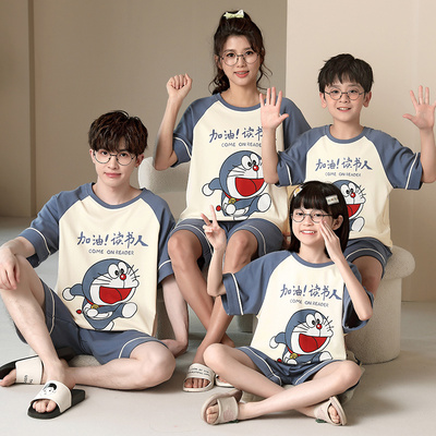 亲子装睡衣夏天短袖纯棉薄款一家三口母女男孩女童宝宝儿童家居服