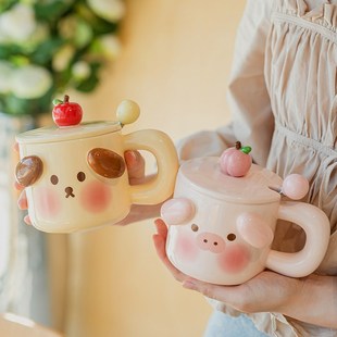 粉色猪猪马克杯可爱情侣陶瓷水杯女生家用咖啡早餐牛奶杯子带盖勺