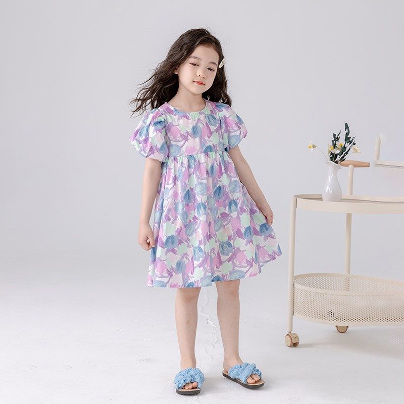 哈依鲁女童夏季棉布连衣裙2024儿童中大童小学生花色短袖公主裙