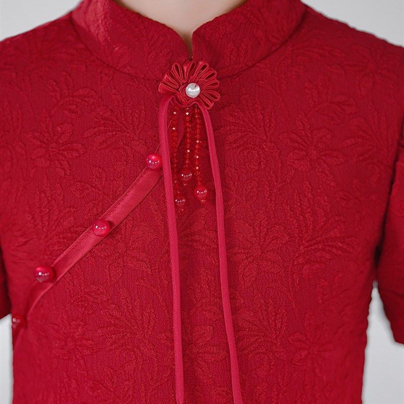 小女孩红色生日公主裙圣诞节儿童中式高端晚礼服元旦主持人表演