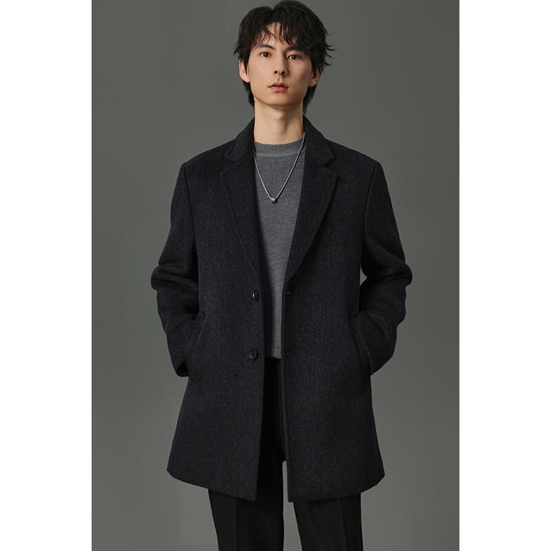 w2x2024冬季新款短款平驳领加棉加厚羊毛呢大衣男公务员妮子外套