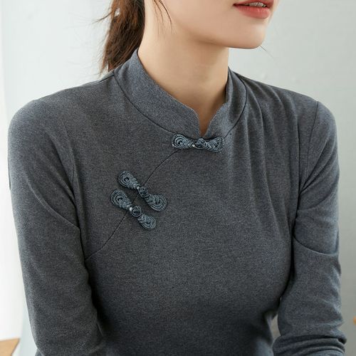 中国风复古改良中式旗袍打底衫秋冬装盘扣上衣纯棉立领长袖t恤女