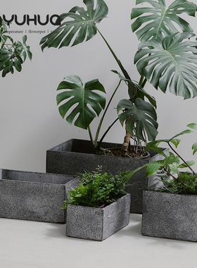 简约灰色水泥矮款阳台长方形花盆北欧仙人掌绿植客厅细窄长条花槽
