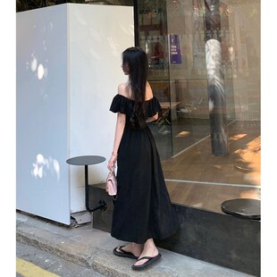 MM谢谢家大码女装法式气质荷叶边一字肩裙子收腰显瘦遮肚连衣长裙