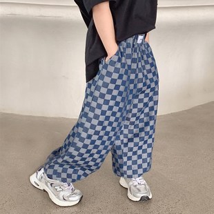 女童牛仔裤秋装2023新款儿童宝宝夏季薄款裤子格子春秋直筒防蚊裤