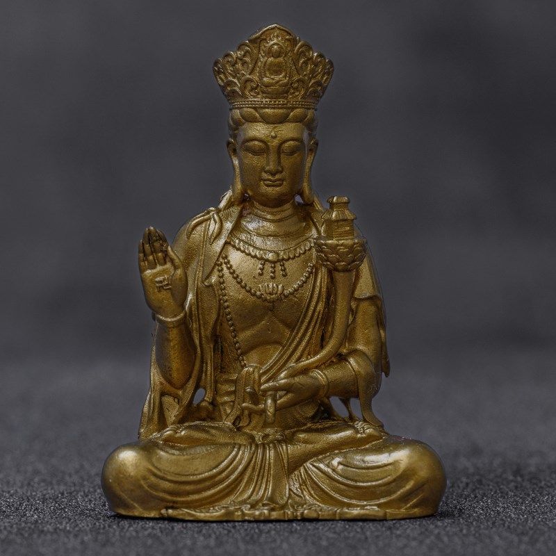 天冠弥勒菩萨佛像体摆件家用小巧茶宠纯黄铜像随身佛茶空间装饰品