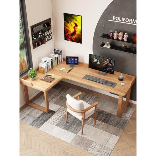 实木转角电脑桌台式家用卧室L型双人书桌拐角式美式电竞桌办公桌